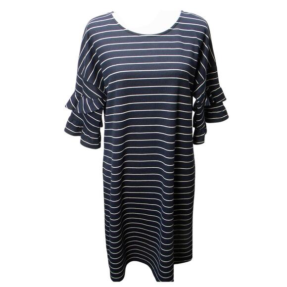 Signature Studio Navy White Striped Shift Dress Ruffle Sleeve Casual Comfy Large - Picture 2 of 5